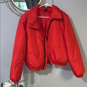 Red puffer jacket